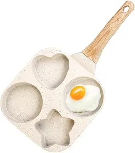 AoranAbkok Four-Hole Non-Stick Egg Skillet Pan, 8–9-Inch Diameter, Ideal for Breakfast Eggs and Burgers, Durable Wooden Material Base with No-Handle Design