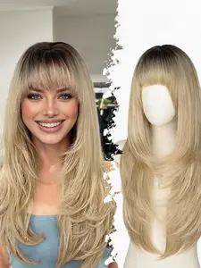 Gorgeous 24 Inch Long Blonde Synthetic Wig | Layered Straight Hair with Curtain Bangs | Fluffy & Fashionable Design | Lightweight & Breathable for All-Day Comfort | Elevate Your Daily Outfit or Special Occasion | Must-Have Beauty Essential for Every Woman