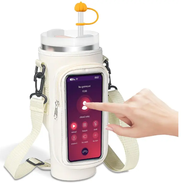 40-Oz Portable Silicone Bottle Holder for Tumblers & Cups - Straw-Compatible, Stylish Sleeve with Touchscreen Phone Pocket, Detachable Adjustable Shoulder Strap, Lightweight Hiking Essential