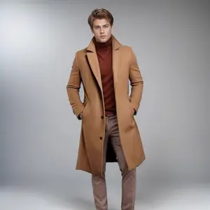 Men's imitation wool trench coat, winter warm slim fit single breasted long coat, notch lapel casual fashion long coat, wool coat, retro thick sheepskin coat, men's fashion coat, classic trench coat