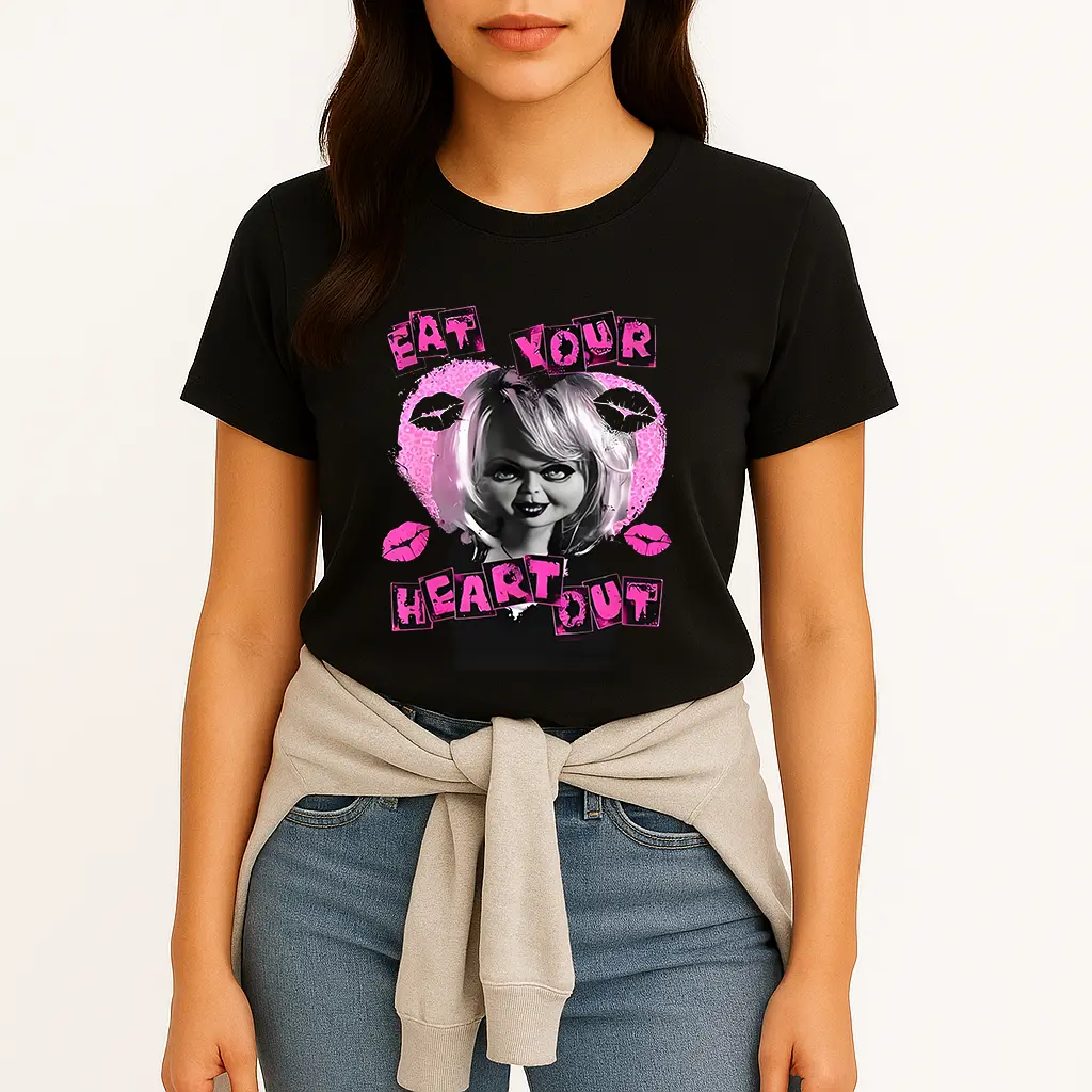Women's 'Eat Your Heart Out' Graphic T-Shirt, Fitted Soft Cotton Crewneck, Breathable and US-Made for Everyday Streetwear, Casual, Shortsleeve, Round Neck