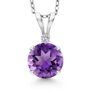 Gem Stone King 14K White Gold Purple Amethyst and Lab Grown Diamond Pendant Necklace for Women | 1.02 Cttw | Gemstone February Birthstone | Round 6MM | With 18 Inch Silver Chain