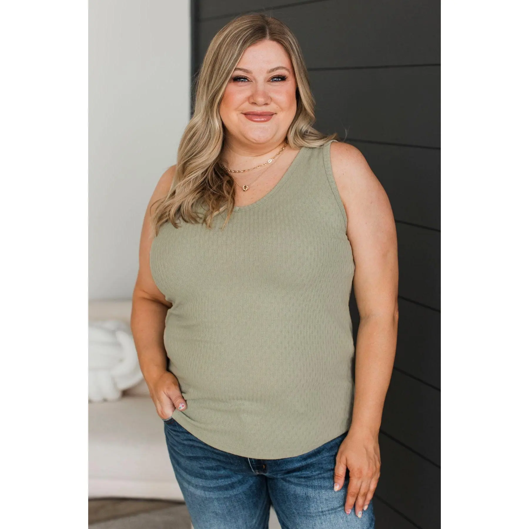 Women's Sleeveless Basic Knit Pointelle Tank Top - Light Olive, Casual Camisole for Daily Wear, Minimalist, Fabric, Lightweight