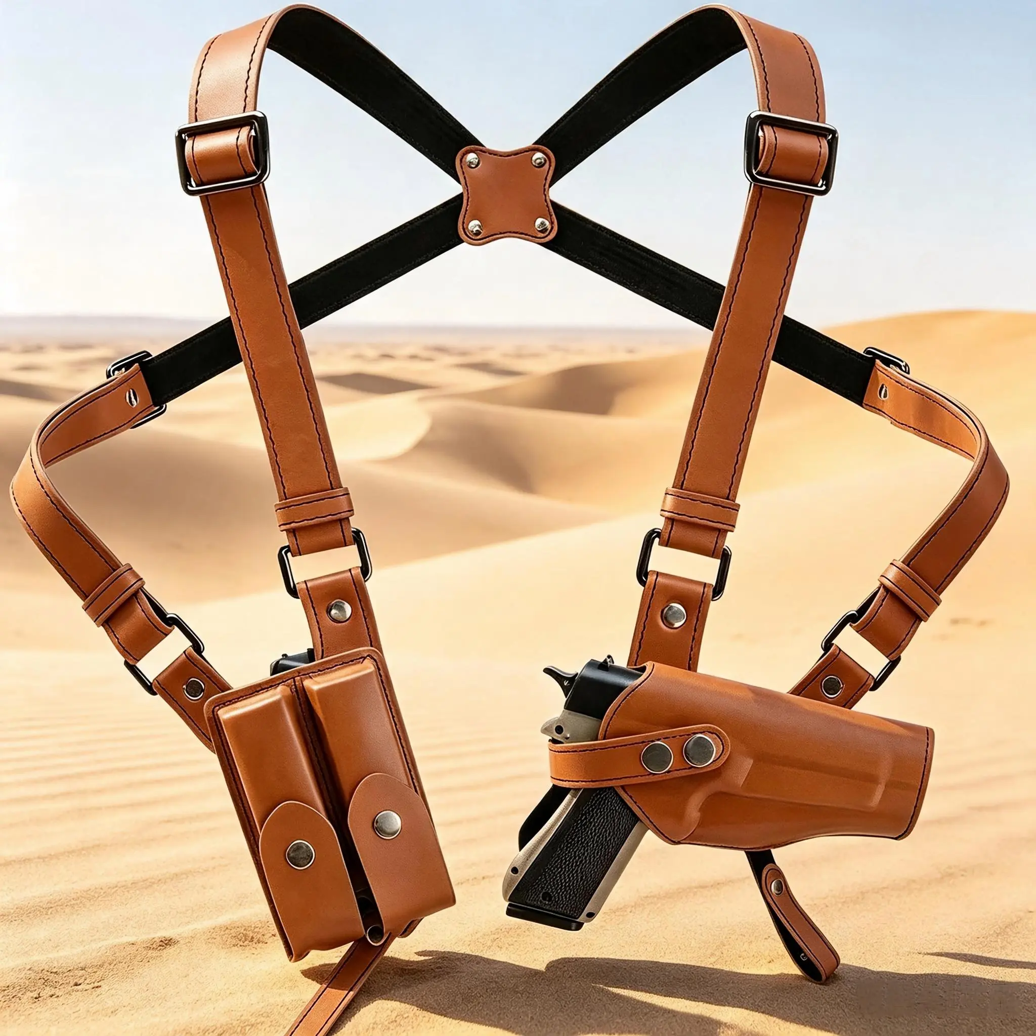 Tactical Leather Suspenders with Integrated Holster and Pouch for Hunting Gun Secure Carriage
