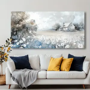 Blue Flower Prairie Canvas Wall Art - Modern abstract landscape painting with wood frame, tranquil pastel fields and cottage scene, perfect for living room, bedroom, office decor, landscape wall decor