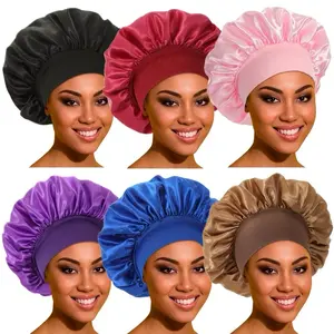 6pcs random colors Soft Satin Sleep Bonnets for Women - Silky Smooth Hair Caps with Elastic Wide Band, Breathable, Gentle Lining for Daily Wear
