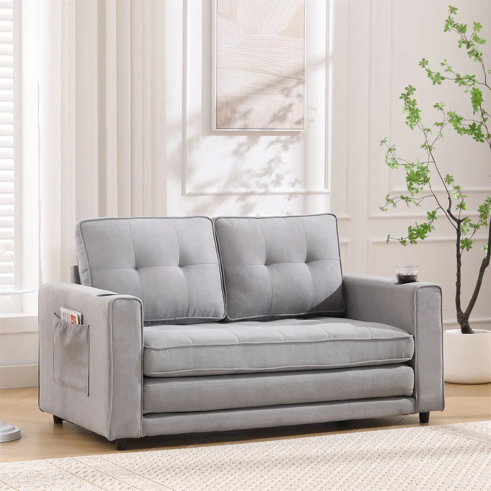 Convertible Sleeper Sofa Bed, Futon Sofa Bed, 3 in 1 Convertible Loveseat Sleeper with Pull Out Bed, Foldable Tufted Sofa Bed Couch W/Cup Holder and Side Pockets