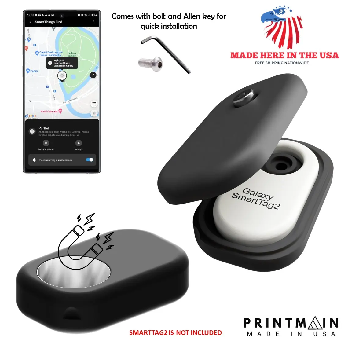 Printmain Samsung Galaxy SmartTag2 Magnetic Hidden Case USA Made - Tracker Case for Vehicles Plastic Protection Durable Gps Metallic