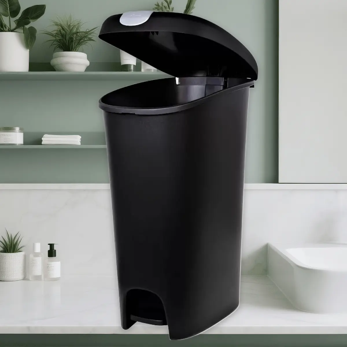 12.3 Gallon Slim Step Trash Can with Locking Lid Black - Heavy-Duty Kitchen Garbage Can, Slim Design, 12.3 Gal, Hefty