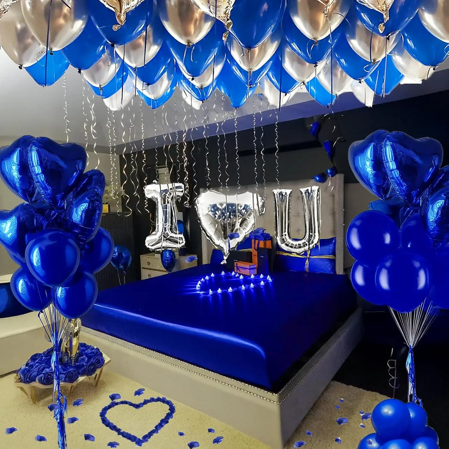 I Love You Balloon Kit for Him & Her - 56pcs Royal Blue & Silver Balloons, 18” Heart Balloons + 500 Blue Rose Petals - Romantic Valentine’s Day Party Decorations