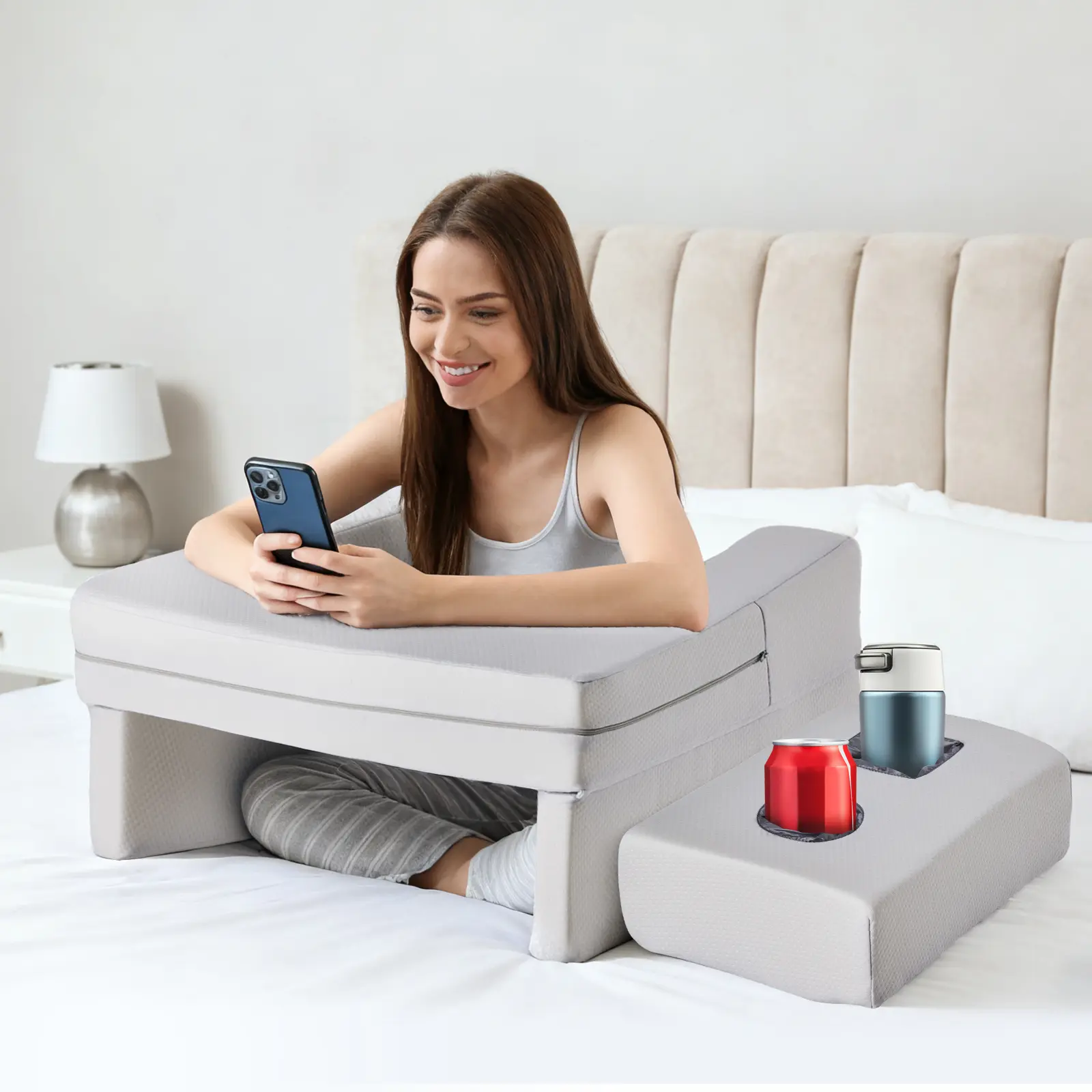 Ergonomic Bed Rest Pillow with Arms & Lumbar Support - Reading & Gaming Pillow for Bed and Sofa, Portable Back Cushion with Washable Cover for Office, Neck Relief, Lap Desk