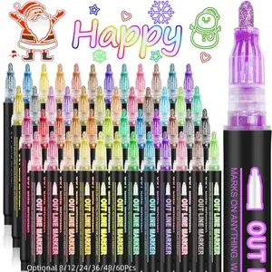 Double Line Outline Marker Pen Set, 8/12/24/36/48 Colors Self Outline Metallic Marker Pen Set, Glitter Writing Drawing Pens for Birthday Greeting Card, Metallic Sparkle Pen