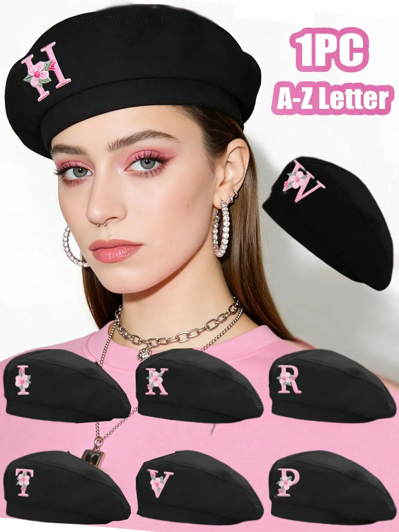 1PC A-Z Letter Floral Embroidered Beret Hat for Women, Black Vintage Painter Cap, Trendy Personalized Beanie for Fall & Winter, Fashionable Artistic Style, Multiple Letters Available