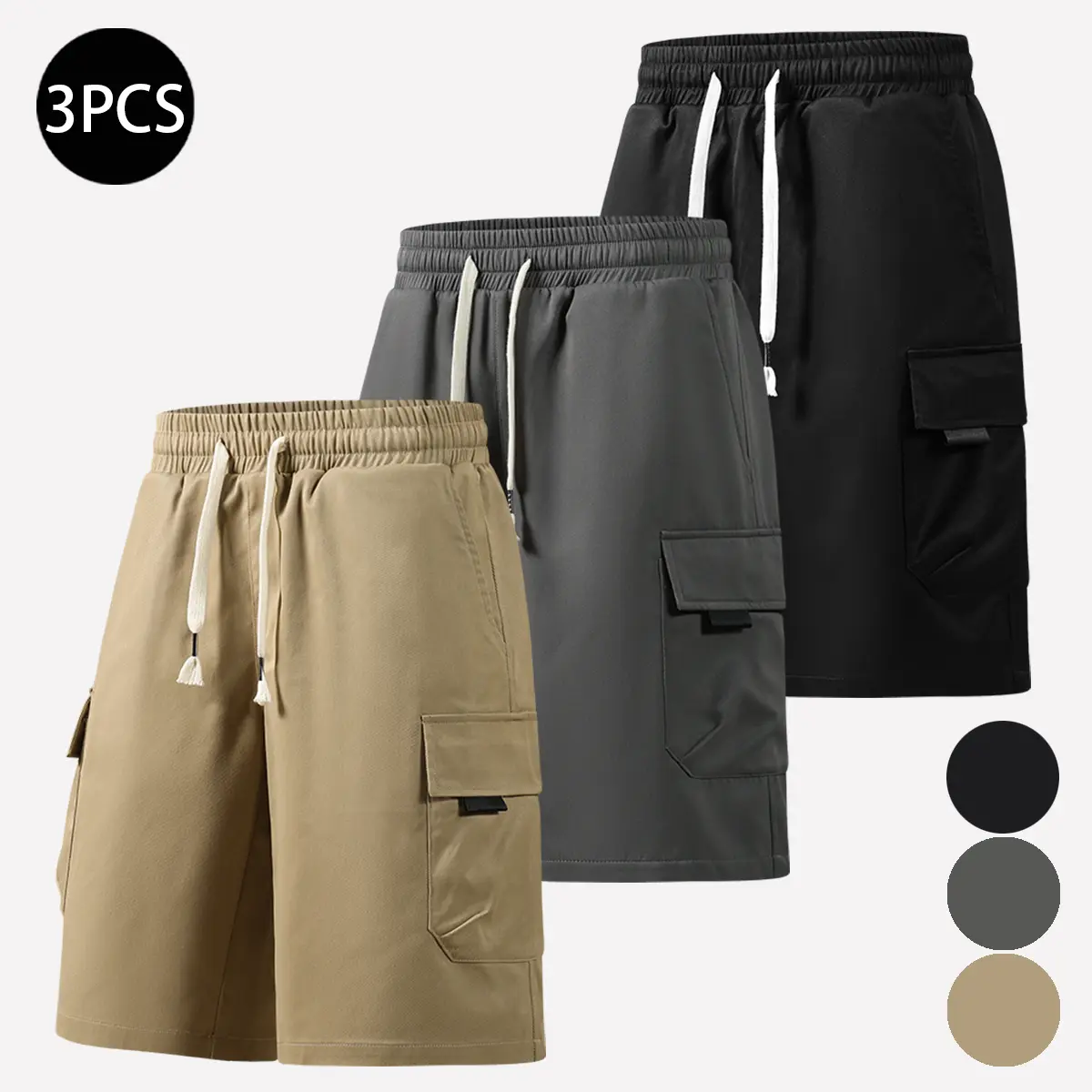 Men's Lightweight 3-Pack Summer Cargo Shorts, Menswear Plain Set with Multiple Pockets, Faux Back Pocket Design, Loose Well-Fitting, Durable, Wrinkle-Resistant - Ideal for Everyday Wear, Camping, Khaki Trousers