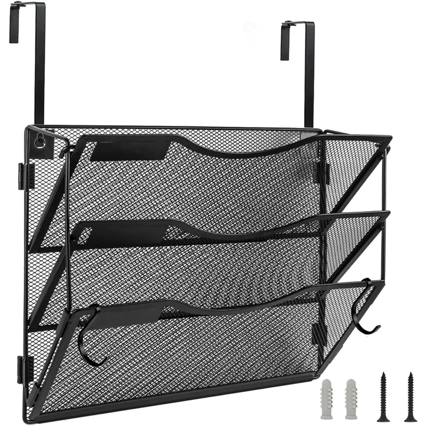 Black 3-Pocket Hanging Wall File Organizer with Label Panels, Foldable Design, 2 Hooks for Wall-Mounting/Over-Door Use, Mail & Document Holder for Home Organization, School Organization