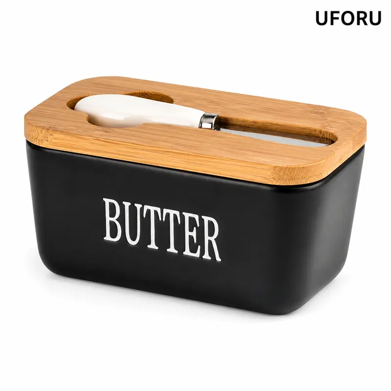 UFORU Smooth Ceramic Butter Dish - Food Container with Lid, Silicone Seal, Utensils Knife, Minimalist Kitchen Preservation Container for Countertop Fresh Storage