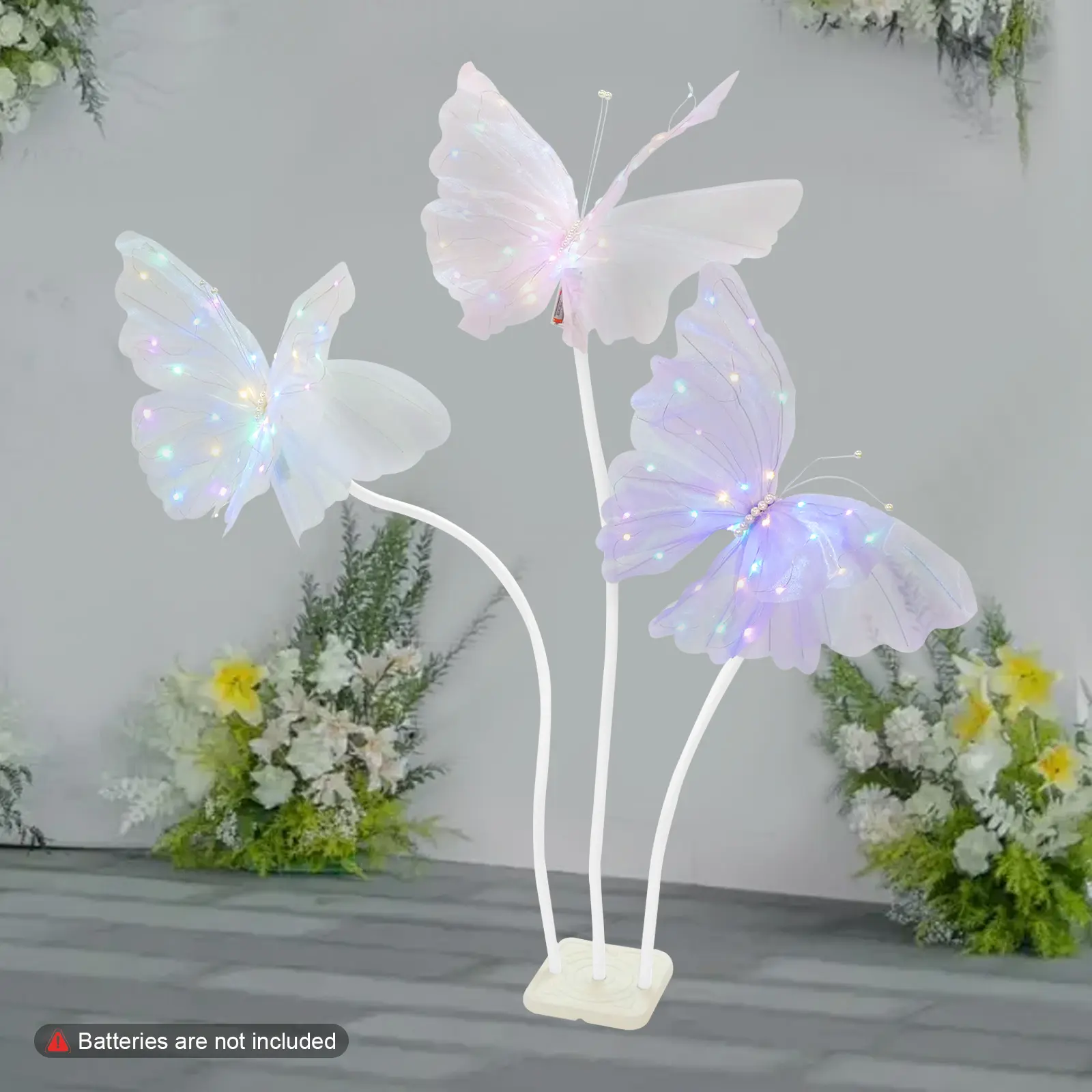 CNCEST LED Lit 120cm Butterfly Shape Decor, 3-Piece Lighted.--Floor Standing Fluttering Look Battery-Powered Decor for Wedding, Home Garden Indoor Use (Light Pink, White, Pale Purple), Led Floor Lights
