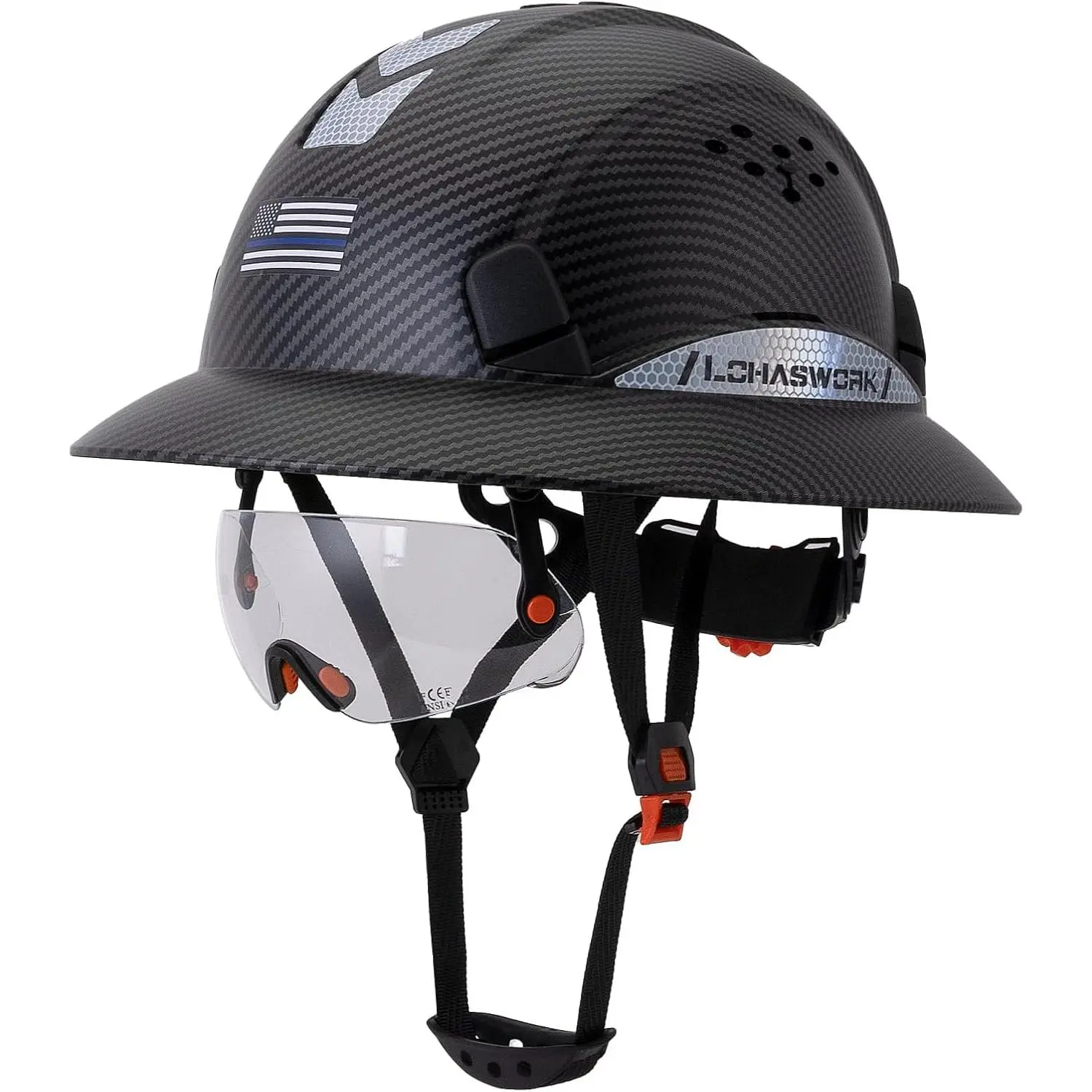 Adult Unisex Construction Hard Hat - Full Brim ABS Shell, Impact-Resistant, Vented for Adjustable Airflow, Hi-Viz Reflectors, 6-Point Ratchet Suspension, Anti-Fog Visor, Chinstrap Buckle, Enhanced Safety Protection for Dimly Lit Work Environments, Cooling