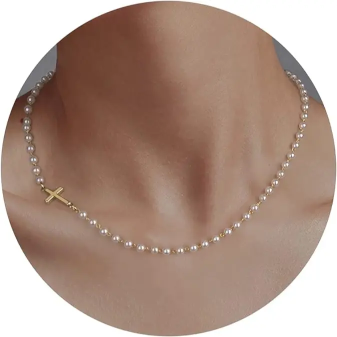 Pearl side cross necklace