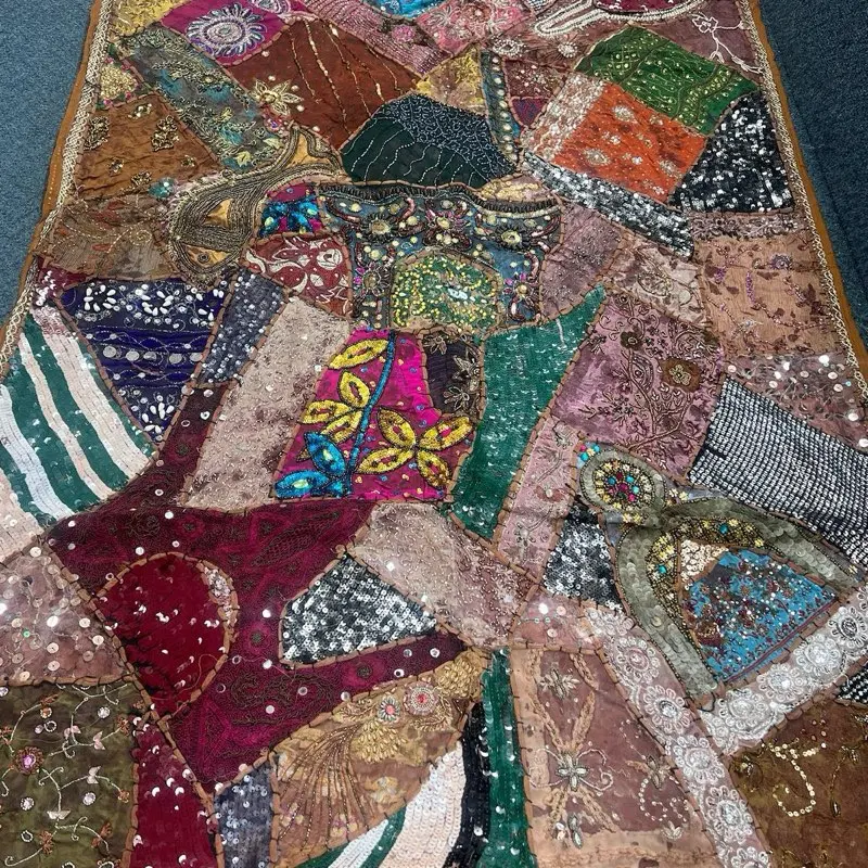 Handmade Wall Decor Tapestry - Vibrant Patchwork Design with Beads and Sequins for Boho Home Decor
