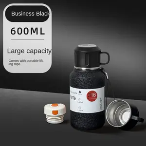 600ML Insulated Stainless Steel Bottle – Leak-Proof Travel Thermos with Cup Lid, 316 Steel, Large Capacity, Portable Rope, Perfect for Work & Outdoors