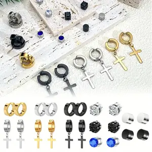 11 Pairs clip on earrings men - 316L Stainless Steel Non Piercing Cross Hoop Dangle Earrings for Men Women, outdoorfun