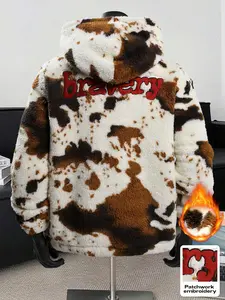 Unisex Cow Print Lamb Fur Hooded Sweatshirt, Ultra-Warm Fleece Pullover with Kangaroo Pocket, Y2K E-Girl/e-Boy Fashion for Winter Streetwear