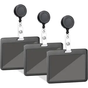 3 Set Badge Holder with Retractable Reel, ID Badge Holders with Retractable Clip for Office Supplies Family Nurse Teacher Student (Black Hard Horizontal)