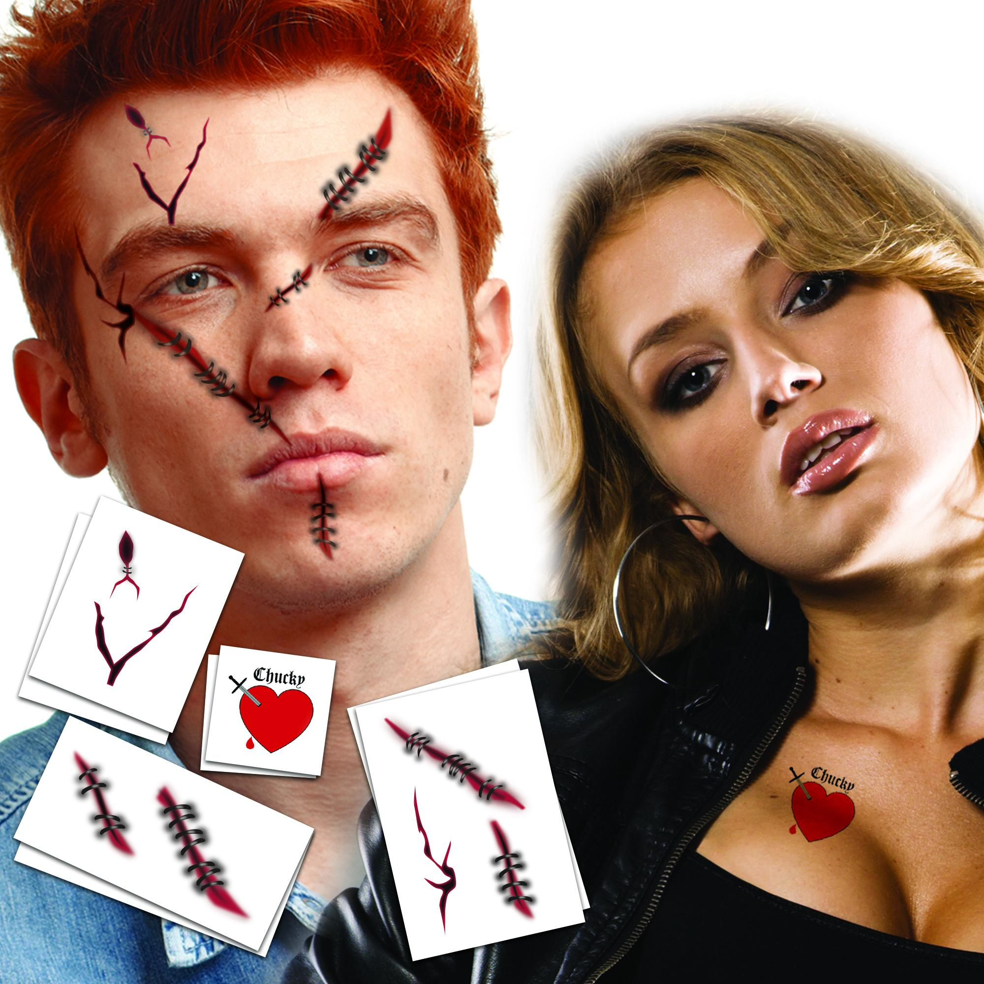 Chucky Doll Scars & Bride of Chucky Temporary Tattoos / Couples Pack / Halloween Costume Tattoo Kit / Pack of 2 Hearts & Scars Water Proof Realistic