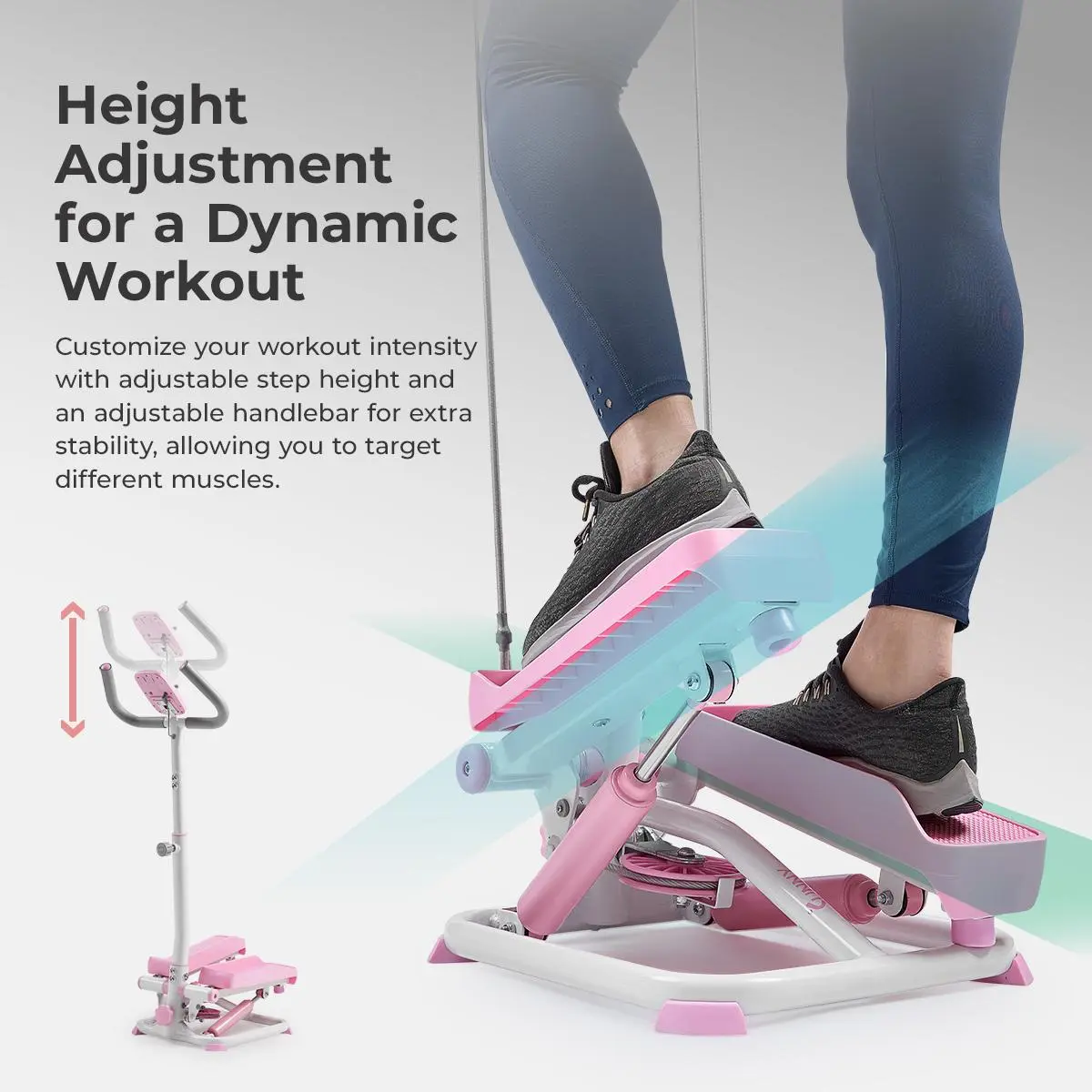 Sunny Health & Fitness Smart Pink Mini Stepper with Resistance Bands & Handlebars, Home Gym Workout Fitness, Compact Home Cardio Machine, Performance Monitor, Stair-Climb Leg/Thigh/Glute Toner, 330 lbs Capacity