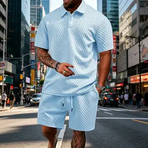 Two-piece set, men’s summer set, jacquard set, crew neck short sleeves, drawstring shorts, casual set Summervibes