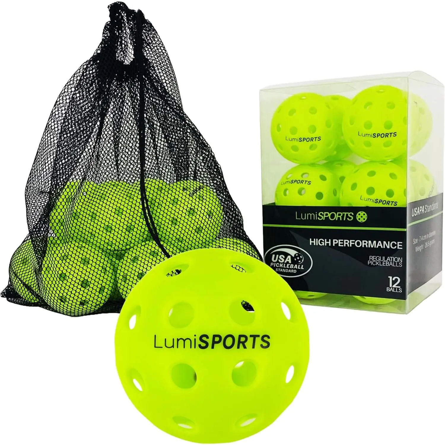 12-Pack Premium Outdoor Pickleball Balls |   40 Holes Fluorescent Green Balls |   All-Surface Play |   Crack-Resistance |   Convenient Drawstring Mesh Bag |   USAPA Official Size and Weight