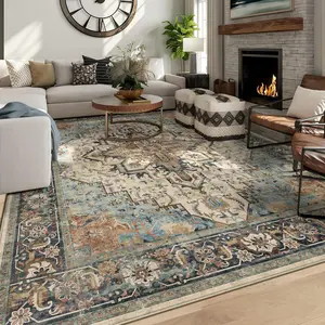 8x10 Machine Washable Area Rug for Living Room, Blue Beige Boho Vintage Floral Rug Large Non-Slip Low Pile Soft Faux Wool Carpet, Kids and Pets Friendly for Bedroom Dining Room Farmhouse Rug