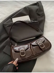 New Fashion Double Pocket Decor Handbag Pu Tote Satchel Fashionable Shoulder Bag for Party Outing Vacation Shopping Daily Use Coin Phone Storage Suitable for White-collar College Students Office Workers Elegant Choice for Women