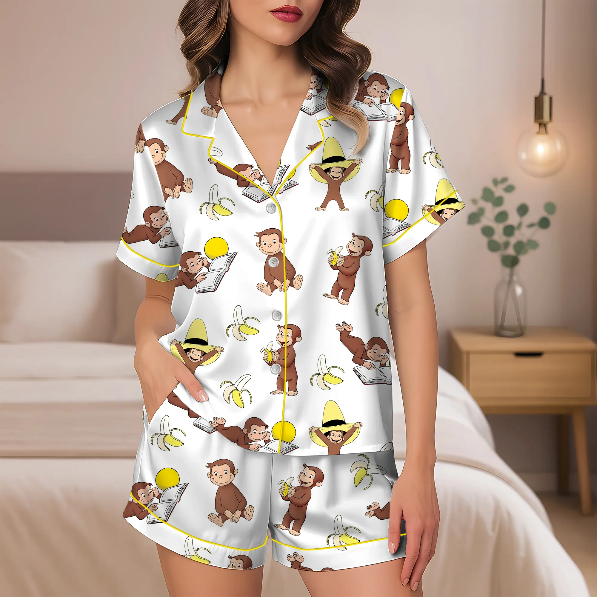 Casual Cute Monkey Print Women's Loungewear Party Set, Short Sleeve Cardigan with Turn- Collar Top and Loose Elastic Shorts, Casual All-Season Women's Pajamas and Home Wear