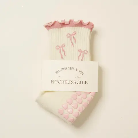 Effortless Club Grip Socks, Soft Pink Girlie Pink Bow, Crew Half Calf Non-Slip Socks, Cute Girlie Pilates Socks, with Ruffle Details