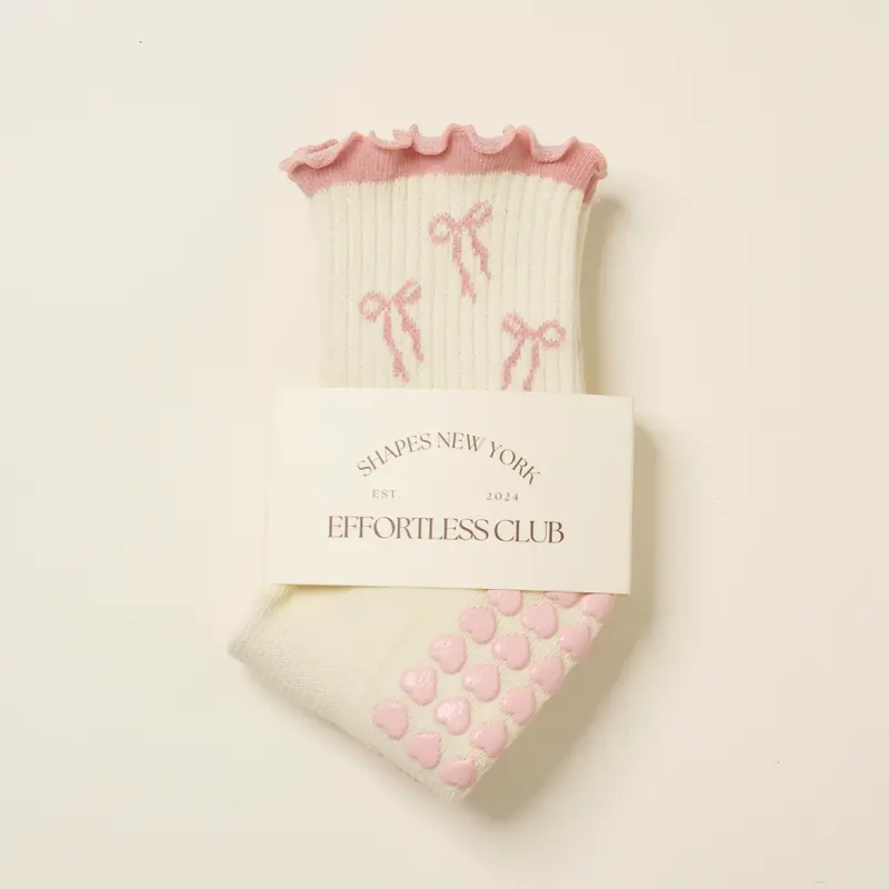 Effortless Club Grip Socks, Soft Pink Girlie Pink Bow, Crew Half Calf Non-Slip Socks, Cute Girlie Pilates Socks, with Ruffle Details