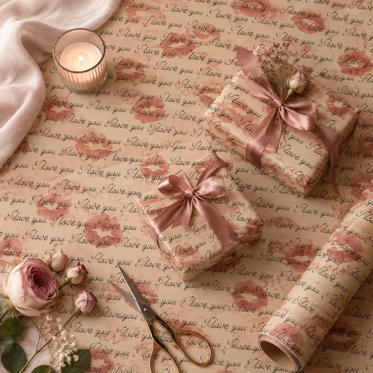 Romantic I Love You Lipstick Kiss Gift Wrapping Paper Sheet - Vintage Script Love Letter Wrap for Valentines Day Anniversary Girlfriend Gift
