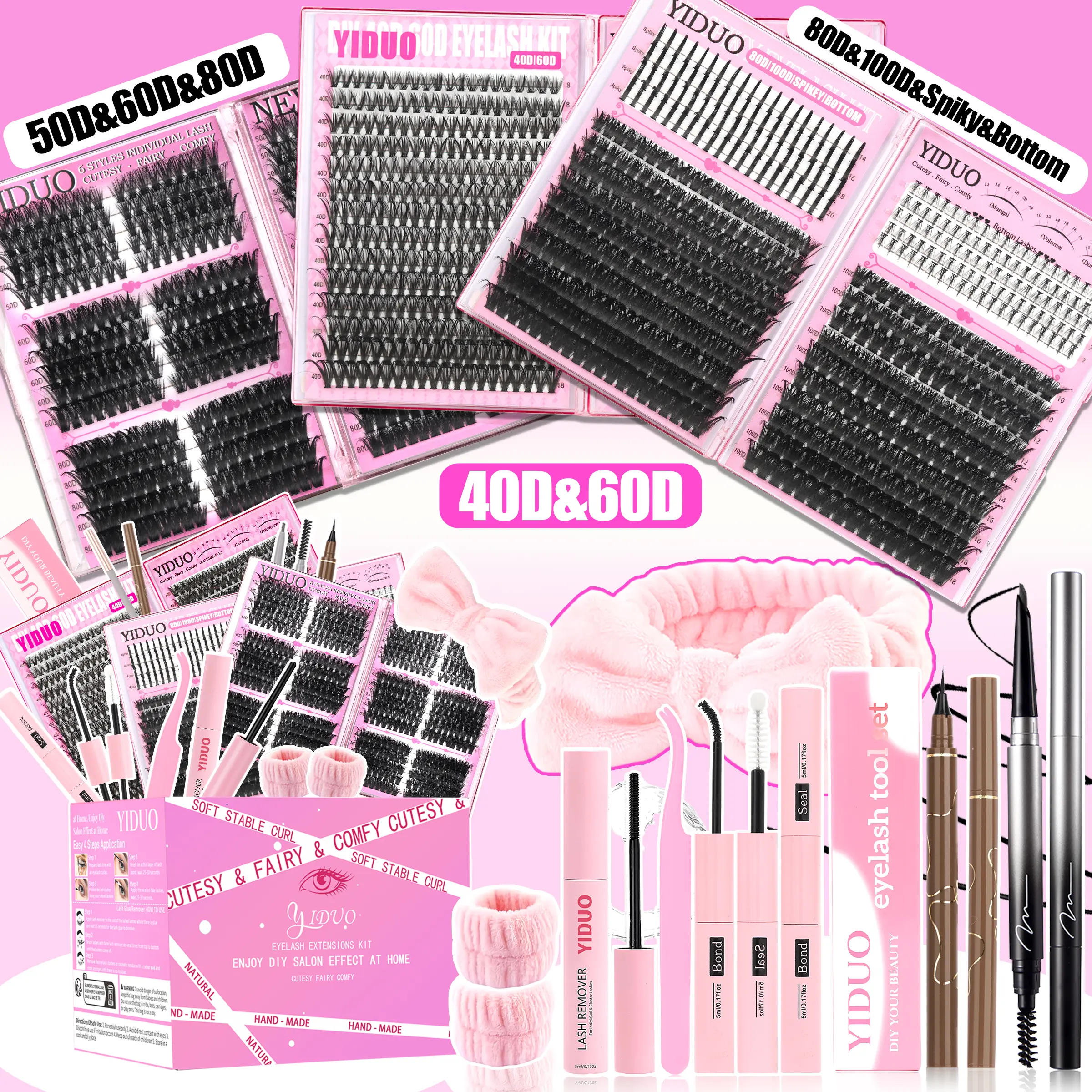 9 Styles False Eyelash Cluster Kit D Curl Eyelashes Bottom, Spiky, 40D, 60D Volume Lash Extensions Kit, D-Curl 1640 Pcs with Double-ended Eyebrow Pencil, Waterproof Eyeliner, Bond and Seal Kit, Eyelash Glue Extension, Headbands, Makeup DIY at Home