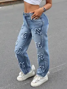 Women's Loose-Fitting Denim Jeans - Lady's Casual Straight Maxi-Length Bottoms with Cross Prints Pockets, Distressed Look, Breathable Fabric Soft Cotton Blend, All Seasons Comfortable Everyday Wear, Light Blue Mothers' Day Gift