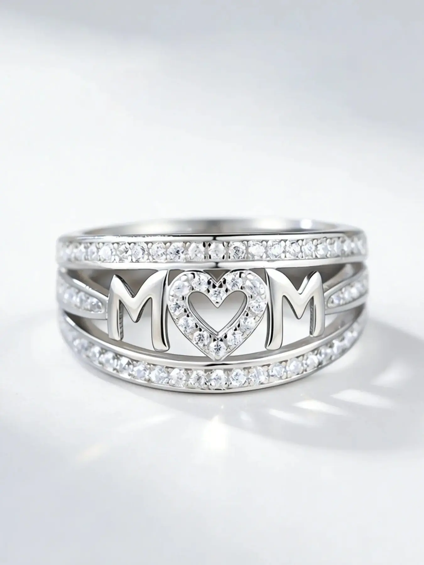 Mom Heart Shaped Ring with Sparkling Zircon, Engraved Mom Letter, Perfect Mother's Day Gift, Symbolic Love Jewelry for Mom, Beautiful Rings, Heart Letter Rings