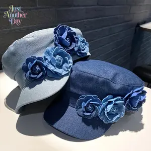 2026 Spring And Autumn Women'S Denim Rose Design Baseball Cap, Octagonal Hat, Beret - A Must-Have For Parties, Dates, Going Out, Outdoor Camping - A Perfect Gift
