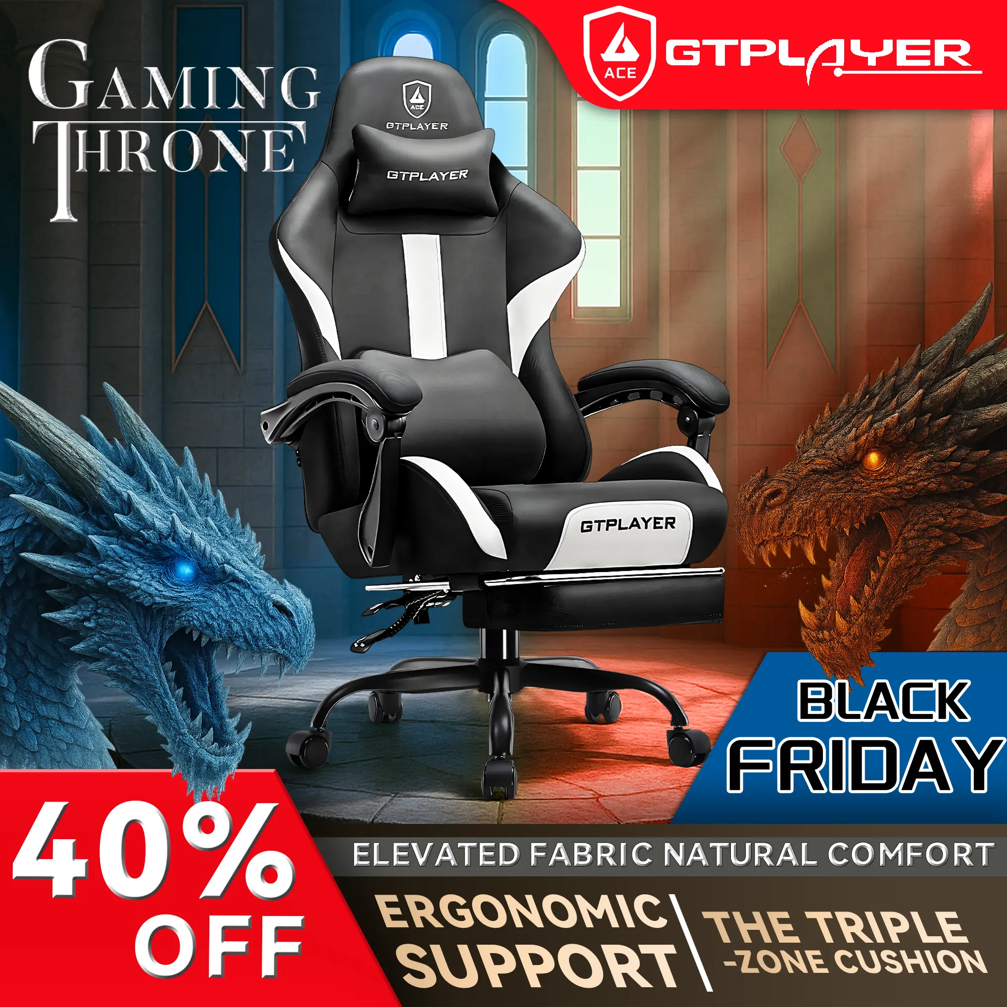 【Summer Sale】GTPLAYER Ergonomic Office Gaming Chair - Pocket Spring Cushion, Memory Foam Lumbar Pillow, Reclining Mesh Swivel Rolling Task Chair Furniture,Easy Assembly,Comfortable,Gift Idea