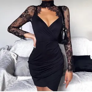 Women's Elegant Little Black Dress Long Lace Sleeve Cocktail Evening Party