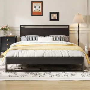 HOOMIC Metal Platform Bed Frame【Frame Only No Mattress】with Rustic Headboard & Footboard,Sturdy Design,No Box Spring Required,Vintage Brown Finish,Space-Saving Solution,Black/Brown