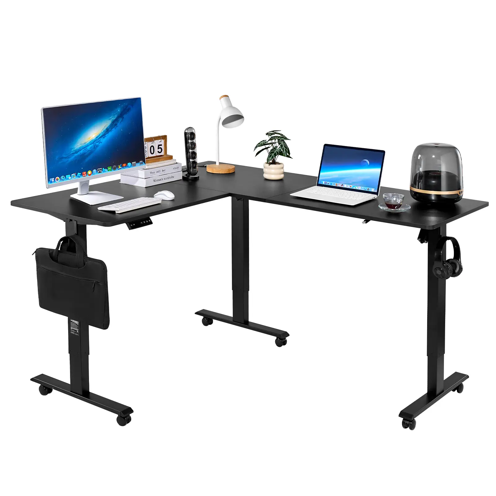 【SummerFinds】VEVOR Carbon Steel L-Shaped Height Adjustable Corner Desk, Electric Gaming Computer Table with Dual Hooks, Wheels, Multi-Device Power Strip, Easy Setup for Home Office, Heavy Duty, Black, Adjustable Desks, Auto-Adjustment Desks