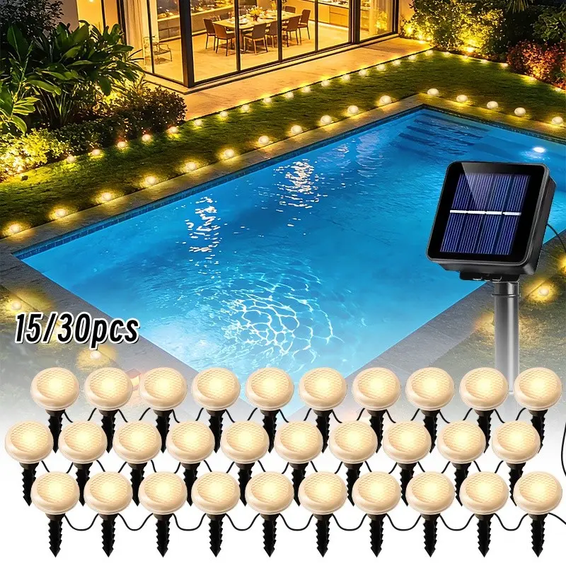 15/30pcs Solar-Powered Outdoor Flat Path Lights for Garden Decoration, Warm white, Pathway Lighting
