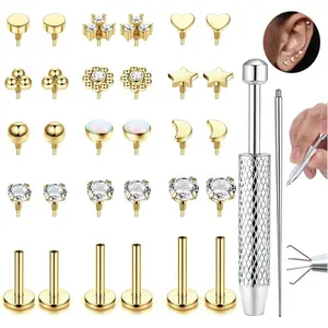 YADOCA Flat Back Stud Earrings for Women Hypoallergenic Surgical Steel Internal Thread Stud Piercing Jewelry for Tragus Helix Cartilage Conch Nose 14K Plated Gold Lip Labret Medusa Piercing