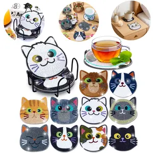 10PCs Diamond Painting Coasters Set - Cat Theme Diamond Art Coasters Painting Kits for Kids Adult Dots, Arts and Crafts DIY Kits for Adults and Kids Gift for Valentine's Day