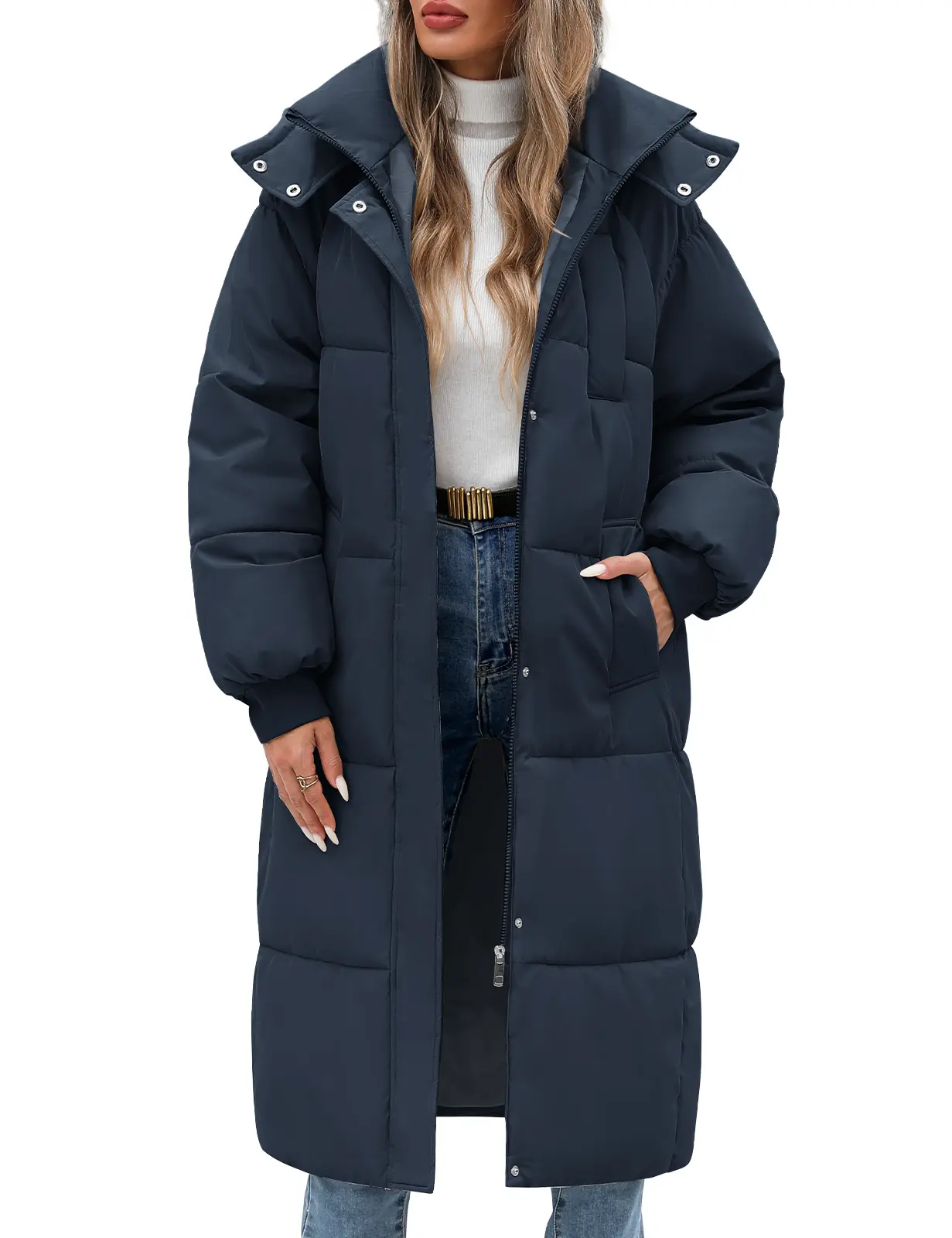 【Off-Season Clearance】HEEKPEK Women's Padded Quilted Hooded Zip-Up Long Parka - Winter Thick Warm Long-Sleeve Outerwear with Pockets, Minimalist Fitted Casual Coat for Outdoor Use